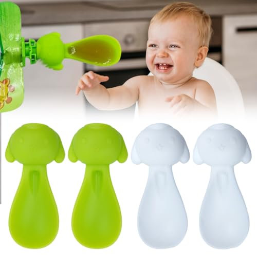 QOMJUFA 4 Pezzi Cucchiaio Svezzamento, Cucchiaino Svezzamento Mamma, Cucchiai per Bambini Senza BPA, Cucchiaino Silicone Neonato (Bianco & Verde)