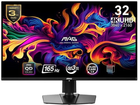 MSI MAG 321UP QD-OLED Monitor Gaming 31.5, 4K UHD - Pannello Quantum Dot OLED 3840 x 2160, 165Hz / 0.03ms, 99% DCI-P3, ΔE≤2, DisplayHDR True Black 400 - DP 1.4a, HDMI 2.1 (UHD@165Hz), USB Type-C