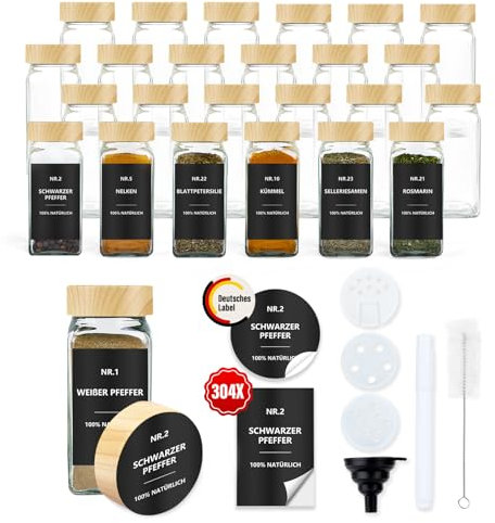 Gewürzgläser Eckig mit Etiketten Set 24er: Kleine Gewürzdosen Glas 120ml mit Streueinsatz Wasserfeste Labels - Aufbewahrung von Gewürzaufbewahrung für die Küche Schublade - Gewürzstreuer Holzmaserung