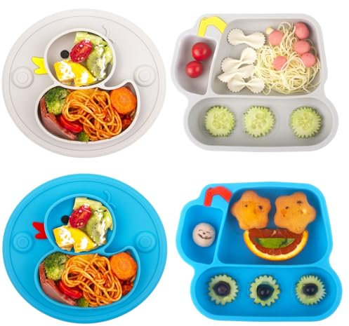 nohlerlife Lot de 4 Assiettes pour tout-petits en silicone avec Compartiments, incassable Antidérapantes assiette bebe Pour les tout-petits et l'auto-alimentation (Duck/Excavator)