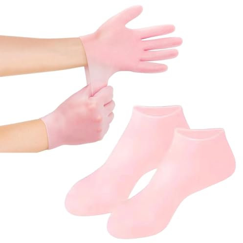 2 Pairs Silicone Moisturizing Glove Socks Set, Women Foot Spa Pedicure Silicone Socks Set, Moisturizing Socks & Gloves Set, Reusable Foot Gloves Repair of Dry Hands and Feet Rough Cracked Skin
