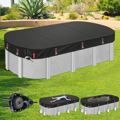 QH.HOME [2025 Upgraded Ultimate Windproof] 12x18 Ft Oval Pool Cover with Fast Tightening Patented Ratchet,Winter Pool Cover for Above Ground Pools [Durable, Tear Resistant] with Weight-Bearing Rings