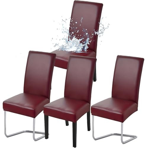 HAMON Stuhlhussen 4er Set,Pflegeleichte Wasserdicht Abnehmbarer Stühle,wasserdichte Stretch PU Leder Stuhlbezug,Haus Büro Restaurant Stuhlhussen,Kunstleder Wasserdicht Dehnbarer Schutzbezug(Weinrot)