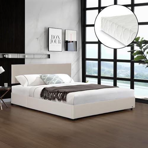 Corium Letto Contenitore con Apertura a Ribalta Letto Matrimoniale Doppio con Materasso 180x200 cm Testiera e Spazio di Stoccaggio Rivestimento in Velluto a Coste - Beige