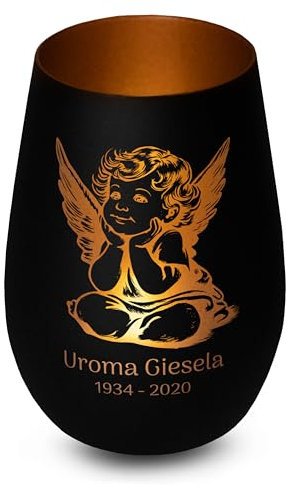 Elegantes personalisiertes Windlicht aus Glas in Schwarz-Bronze Engel Gedenklicht für Verstorbene mit Gravur, Geschenk für Trauernde - Trauerlicht personalisiert mit Namen