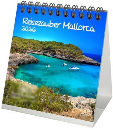Reisezauber Mallorca Tischkalender 10cm x 10cm für 2026 Urlaub Mediterran- Set-Inhalt: 1x Kalender 1x Weihnachtsanhänger 1x Grußanhänger (gesamt 3 Teile)