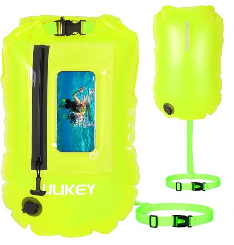 Ulikey Schwimmboje, 2 in1Wasserdichter Trockensack und Swimming Buoy, 28L Schwimm Boje Aufblasbar für Triathlon Swim Boje und Erwachsene Freiwasserschwimmen, Surfer (Grün mit Handyfenster)