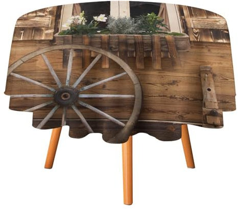 Tischdecken für alte Holzhäuser, rund, 152,4 cm, Vintage-Tischdecke im Wildwest-Stil, typisches Hausrad, antike Kunst, waschbar für den Innen- und Außenbereich