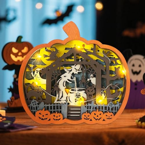 Halloween Deko Kürbis Licht Holz, Herbstdeko Kürbis Deko mit LED Lichter, 3D Kürbis Laterne Herbstdeko, Kürbisse Deko Lampe Ornament für Herbst Halloween Innen Tischdeko Schlafzimmer (A)