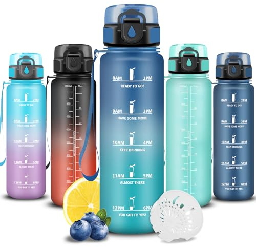 Trinkflasche 1l, Wasserflasche Sport, Trinkflasche Kohlensäure Geeignet, Wasserflasche Auslaufsicher, mit Zeitmarkierung und Filter, Leicht zu Reinigen, für Schule, Büro, Outdoor, Running, Camping