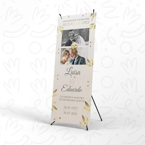 Cartel Bienvenida Boda Personalizado - Photocall Boda de Oro | Print Stamp Love, Decoracion de bodas de oro, Lona personalizada PVC Resistente con Estructura (70x180cm) MODELO 2