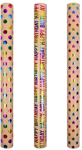 Papier Cadeau Anniversaire 3 Rouleaux 43 cm × 3 m, Kraft Recyclé Robuste avec Effet Paillettes, Imprimé Pois et Étoiles, Adultes & Enfants, Idéal Cadeaux, Fête & Mariage