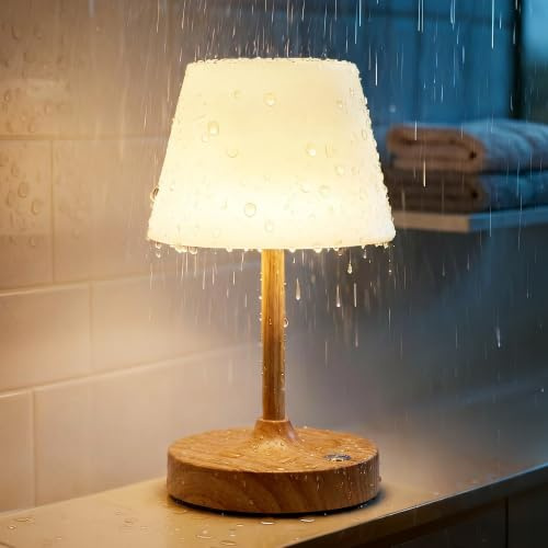 VISDANFO Kabellose LED-Tischlampe, Wasserdichte Duschleuchte Mit 4000-mAh-Akku, Transportables, Wiederaufladbares Nachtlicht Mit Touch-Dimmer Für Terrasse, Restaurant Und Badezimmer (Holzmaserung)