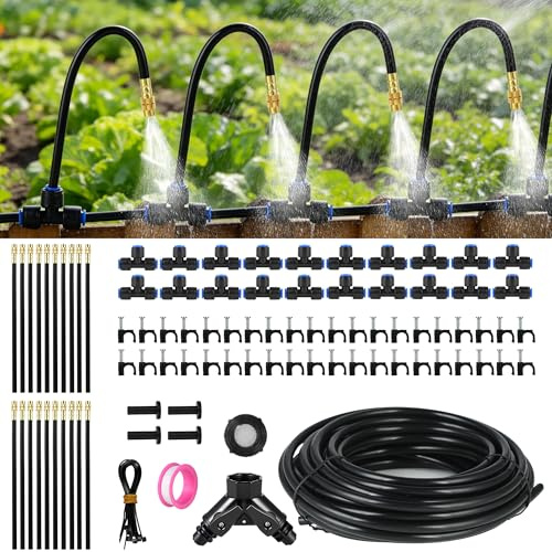 Drip Irrigation System for Garden Watering: 130FT 38M 20 Misting Nozzles, Automatic Watering Kit with 6mm PE Tubing Hose, Adjustable Sprinkler Mister, Plants Raised Bed Lawn Outdoor Yard Greenhouse