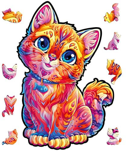 Woodlika Premium Holz Puzzle Katze für Kinder ab 7 Jahre - Magisches Holzpuzzle 100 Teile - Besonderes Puzzle aus Holz mit Laser-Cut Thematische Tierfiguren Puzzleteile - 3 Stunden Spaß, A4 Format
