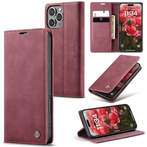 Sojlecyu for iPhone 16 Pro Case PU Leather Wallet Cover Magnetic Flip Cover Card Holder Kickstand Shockproof Protective Phone Case for iPhone 16 Pro, Wine Red