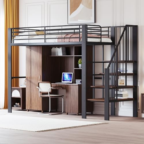 staronce Hochbett 90x200 cm Metallbett mit Stauraum & Treppe – Stabiles Hochbett für Kinder & Erwachsene, Stauraumbett mit viel Platz unter dem Bett, schwarz, inkl. Lattenrost