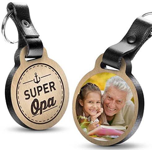 Premium „Super Opa“ - Foto-Schlüsselanhänger aus Eichenholz mit dunklem Echtleder und Gravur - personalisierte Geschenkidee zu für Muttertag