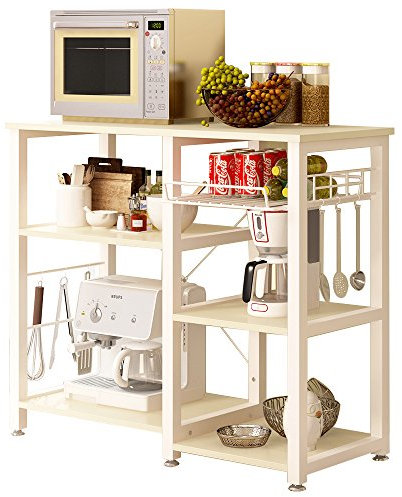 SogesHome Estantería de Cocina con 3 Estantes y Cesta Metálica, Mesa Auxiliar de Cocina con Estanterías Soporte de Microondas con Ganchos, 90 x 40 x 83 cm