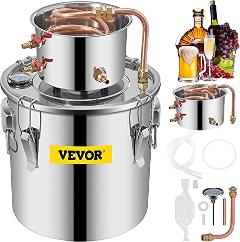 VEVOR Moonlight Distiller 5 Gallon 21 Liter Stainless Steel Water Alcohol Distiller Copper Tubing Home Brewing Kit Built-In Thermometer for DIY Whiskey Wine Brandy, 5 Gallon, Silver