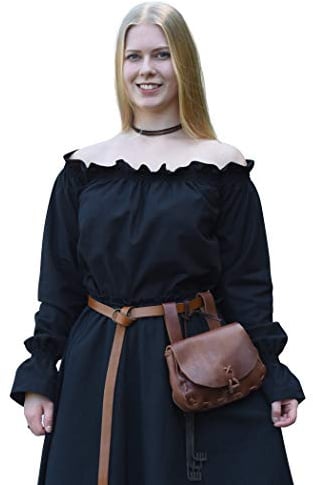 Battle-Merchant Blouse médiévale en Coton - Femme - col Bardot/Manches Longues - Naturel/Noir/Blanc - S-XXL - Noir - XL