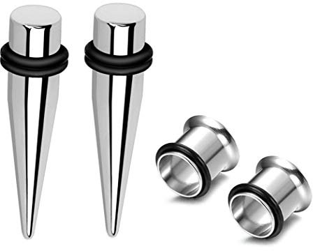 HEKEUOR Kit d'étirement d'oreille en acier de 9 mm, 2 écarteurs en acier, 2 tunnels en acier de taille entre 0 g (8 mm) et 00 g (10 mm), Acier inoxydable, silicone