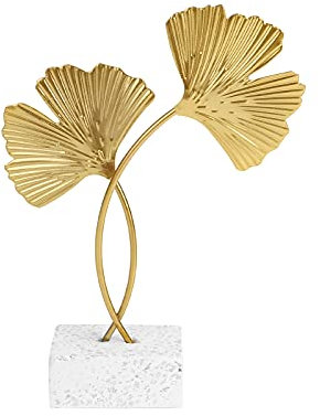 DEHUA Ginkgo Blatt Metallskulptur, Ginkgo Biloba Ornamente mit Sockel, Minimalistische Deko Abstrakte Skulptur, Moderne Blattskulptur für Home Office Flurtisch und Schreibtisch 21x14 cm Gold