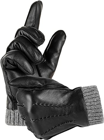 EGSSHOP Winter warme echte Lederhandschuhe, mit Kaschmir gefütterte Motorradhandschuhe für Herren