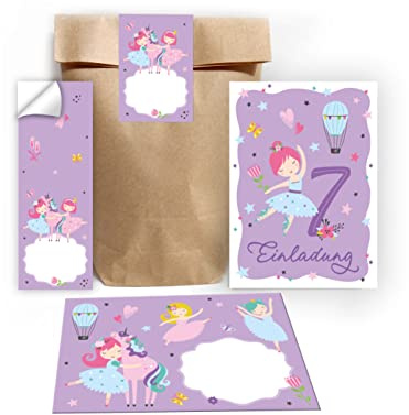 Junapack 12 Einladungskarten zum 7. Kindergeburtstag siebte Mädchen Ballerina incl. 12 Umschläge, 12 Tüten/Natur, 12 Aufkleber