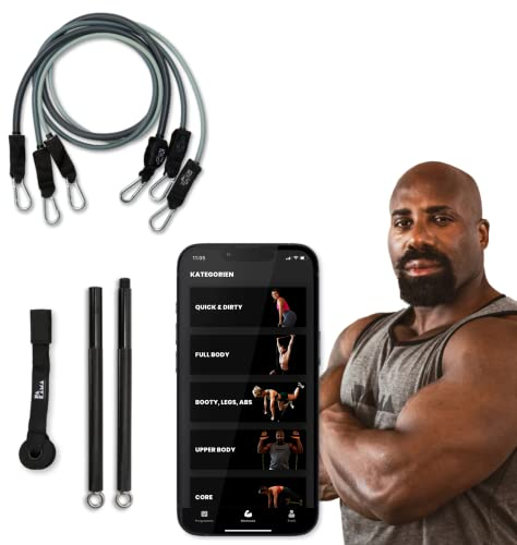 PAKAMA - Premium Widerstandsbänder Set inkl. Langhantel-Stange (Bar) für Home Workout & Krafttraining Zuhause - Resistance Bands 4,5kg, 6,8kg und 11,4kg - Fitness-Bänder für bis zu 80kg Widerstand