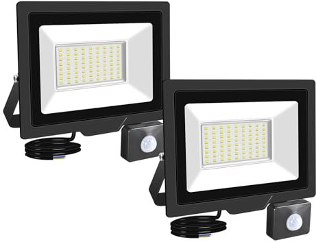 RIGIDON 2x 50W Projecteur d'extérieur Led Avec Detecteur de Mouvement, 5000 LM 6000K Blanche Froide, IP66 étanche Éclairage de Sécurité Extérieur, Projecteur led de Patio Garage Terrasse Jardin