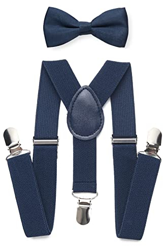 RSXING Kinder Hosenträger Fliege Sets - Jungen Hosenträger Fliege, Elastisch Y Gestalten mit Stark Clips Verstellbare Hosenträger Sets für Jungen, Kinder, Mädchen, Baby (Marineblau)