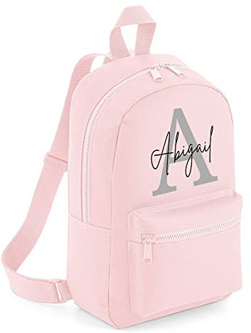 Merch Kingdom Personalised Letter Backpack - Any Name Rucksack - Girls Mini School Bag - Great for PE, After School Club and Nursery - Pink w/Grey Letter