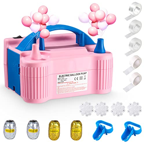 FAOKZE Elektrische Ballonpumpe, Luftballonpumpe 600W Aufblasgerät Doppeldüse mit Automatik und Halbautomatisch Modi, Mit Ballonknoten Ballonkette Band für Party Hochzeit Geburtstag, Hellrosa