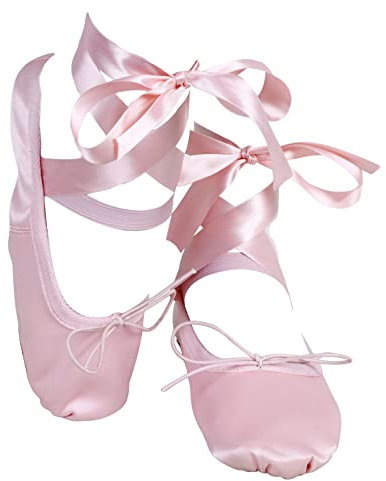 Satin Ballet Dance Shoes Full Suede Sole - Flat Slippers with Silky Ribbon Gymnastics Shoes for Child Adult Girls Women Pink