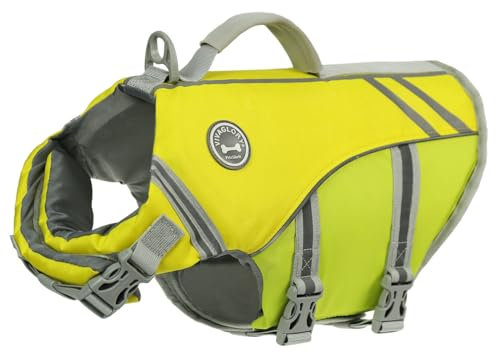 VIVAGLORY Giubbotto Salvagente Stile Sportivo per Cane con Flottabilità Aggiuntiva, Gilet da Nuoto Regolabile e Resistente per Cani Piccoli, Giallo Grigio