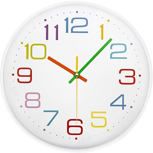 VINILITE Kinder Wanduhr ohne Tickgeräusche 30cm Bunt Zahlen Modern Quartz Lautlos Wanduhr Batteriebetrieben für Kinderzimmer, Küche, Wohnzimmer, Schlafzimmer, Büro