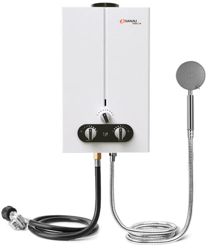 1.85GPM Tankless Water Heater, SANAUVULCAN 7L Outdoor Gas Water Heater, Propane Portable Water Heater with Seasonal mode switch,Digital display,Multi-protection for Camping,RV,Barn,Stables,Cabins