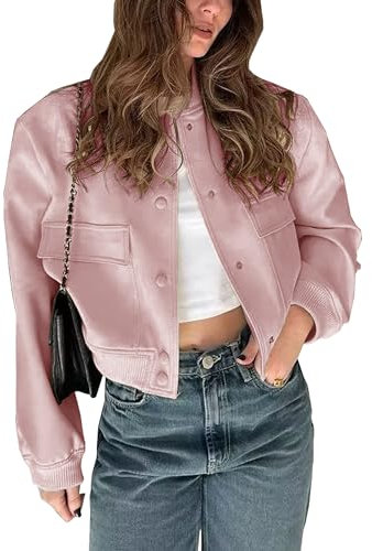 Megfie Blouson bomber court boutonné pour femme avec poches, rose, Large