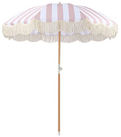 Sonnenschirm für den Balkon Strandschirm mit Quasten, Premium-Holzstange und Glasfaserrippen, Exotische rosa und Weiße Streifen