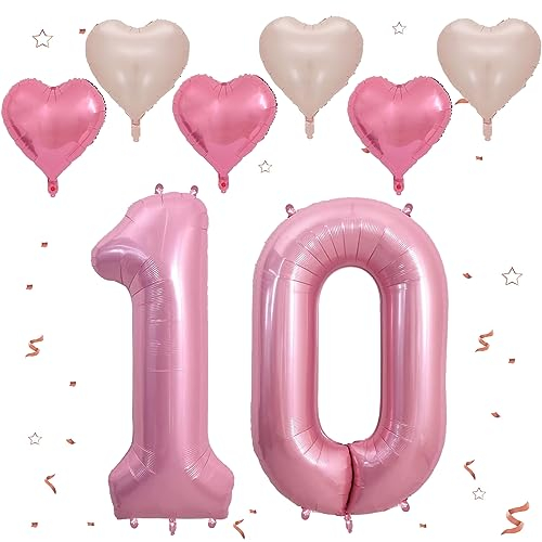 Rosa Luftballon 10, XXL Riesige Geburtstag Ballon 10, 40 - 101cm Ballon Zahl Deko Folienballon Zahlen 1 & 0, Geburtstagsdeko Jubiläum Party Deko, Fliegt mit Helium (Nummer 10)