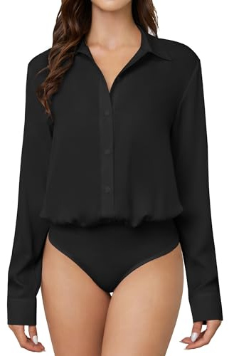 TQD Women Button Down Bodysuit Long Sleeve Collared Shirt Satin Blouse Body Suit Dressy Business Casual Office Professional