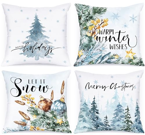 Lanpn 4 Stück Winter Kissenbezug Weihnachten Kissenhülle 40x40 cm, Winterliche Schnee Dekorative Weihnachtskissen 40 x 40 für Weihnachtsdeko Christmas Bettwäsche Sofa Decorations