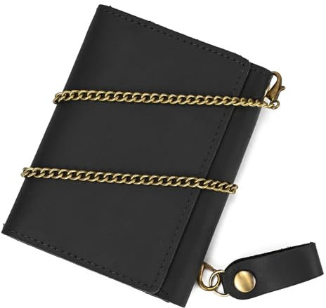 LUUFAN Men's Genuine Leather Short Wallet Trifold Anti-Theft Chain Purse with ID Window Zipper Pocket for Coin Cash Card, Black
