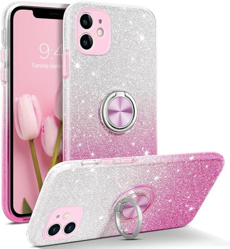 MOBISTAR® Bling Glitter Case for iPhone 11-6.1'' - Sparkly Slim with 360° Ring Holder Kickstand Support Magnetic Car Mount Protective Cover (Pink)