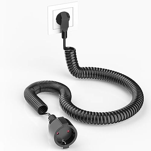 AOUOO Schutzkontakt-Spiralverlängerung, 1,25 m auf 8m dehnbares Spiral-Kabel mit Schutzkontaktwickelstecker & Schutzkontaktkupplung, (230V/16A) PVC Verlängerungskabel, IP20, schwarz