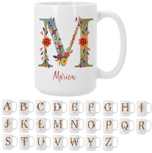 Bee Ingenious Tazas personalizadas con nombre e inicial: Tazas de cafe A-Z de ceramica Tazas de desayuno con letra Taza XL 443ml Tazas originales para regalar Tazas de te A-Z (M)
