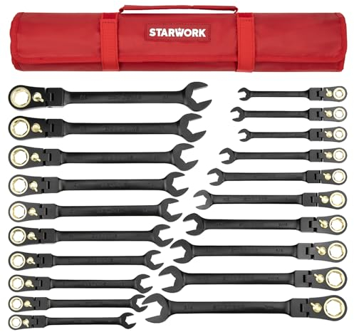STARWORK TRUE MECHANIC™ 20-Piece, 120T, Reversible, Flexible Ratcheting Wrench Set, Non-Slip, Long Pattern, SAE/Metric, Professional, With Portable Roll-Up Pouch Bag