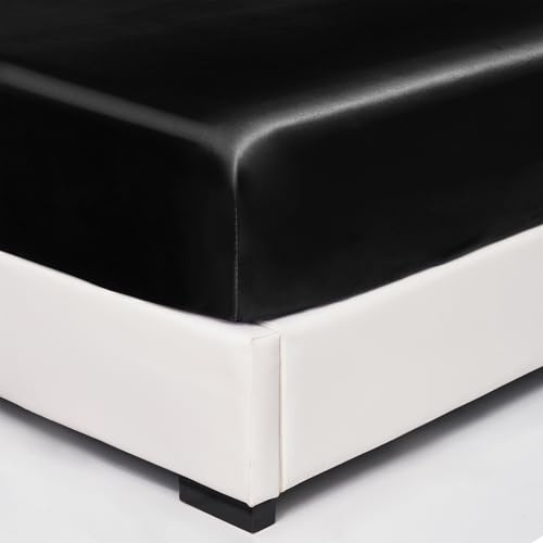 Wotcsil Satin Spannbettlaken 160x200cm Schwarz für Matratze Boxspringbett Topper bis 30 cm Satin Seide Spannbetttuch Bettlaken Elastisch Deluxe Unifarben Spannbetttuch Polyester-Satin