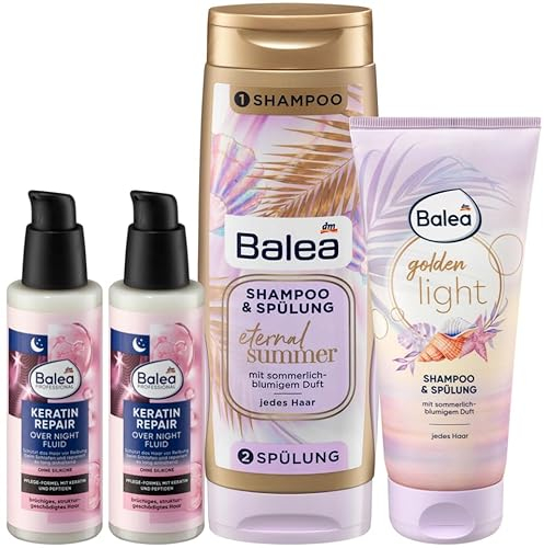 Balea 4er-Set Haarpflege: Professional KERATIN REPAIR Over Night Fluid schützt beim Schlafen (2 x 100 ml) + Shampoo & Spülung ETERNAL SUMMER (300 ml) + Shampoo & Spülung GOLDEN LIGHT (200 ml), 700 ml